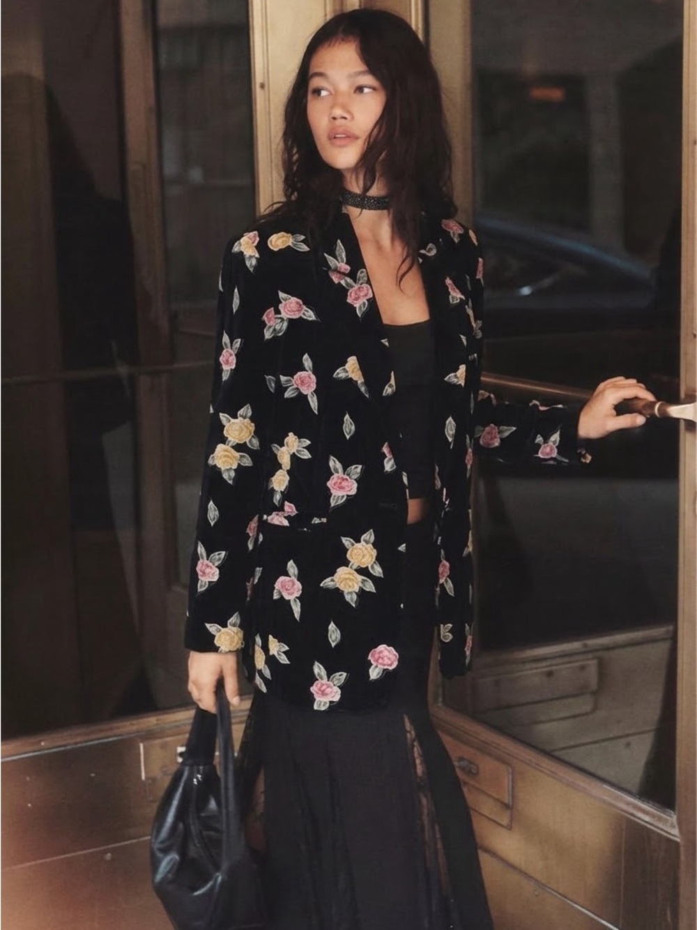 Vintage Black Velvet  Floral Blazer Size M/Large Gypsy Coquette Ethereal Fairy